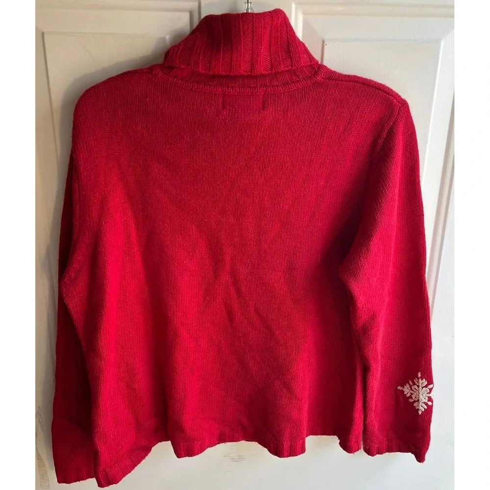 Vintage Womens Y2K Red Ramie Wool Blend Chunky Knit Turtleneck Snowflake Sweater